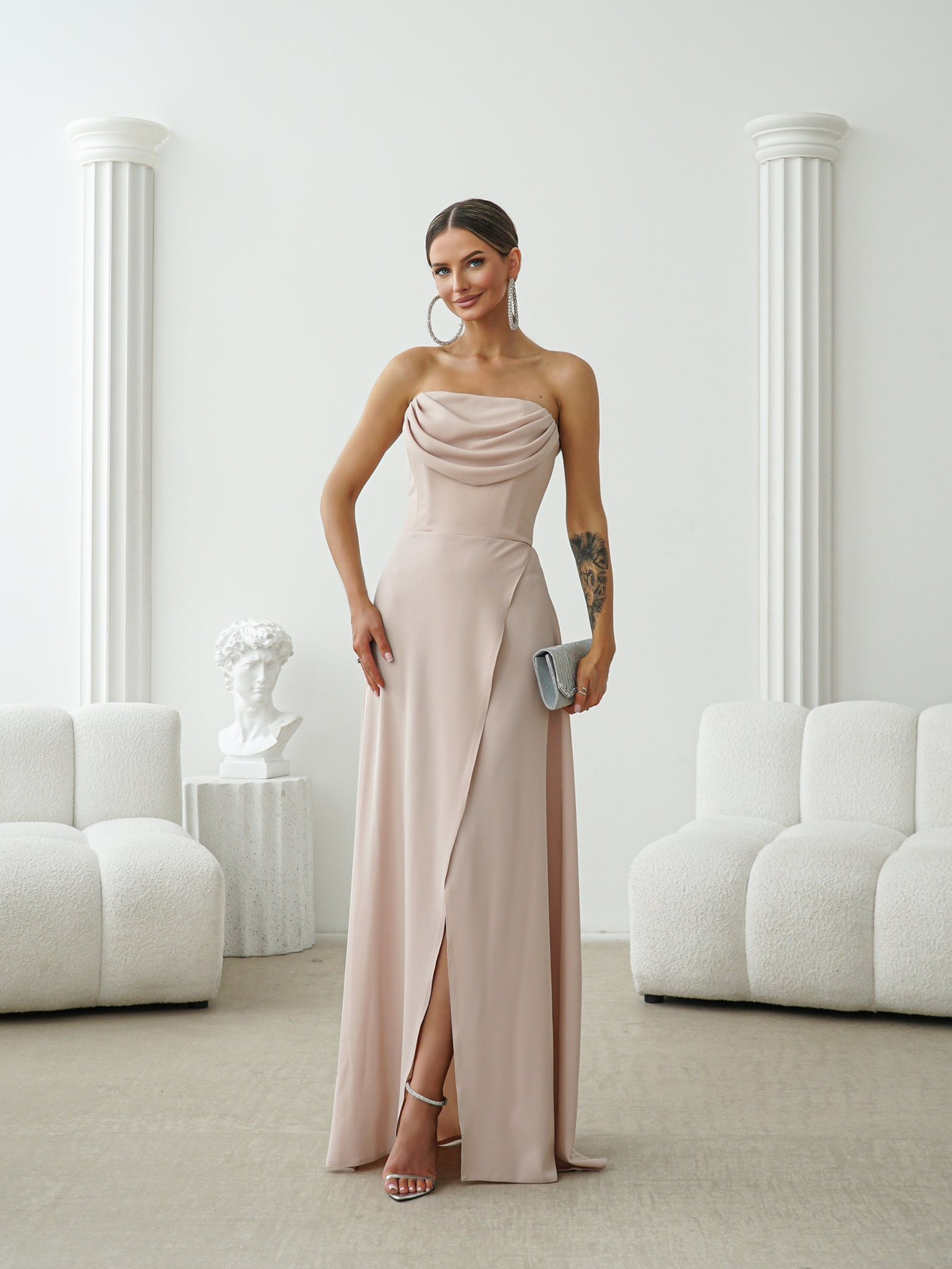 Elegancka Sukienka Maxi wieczorowa  Pola beżowa