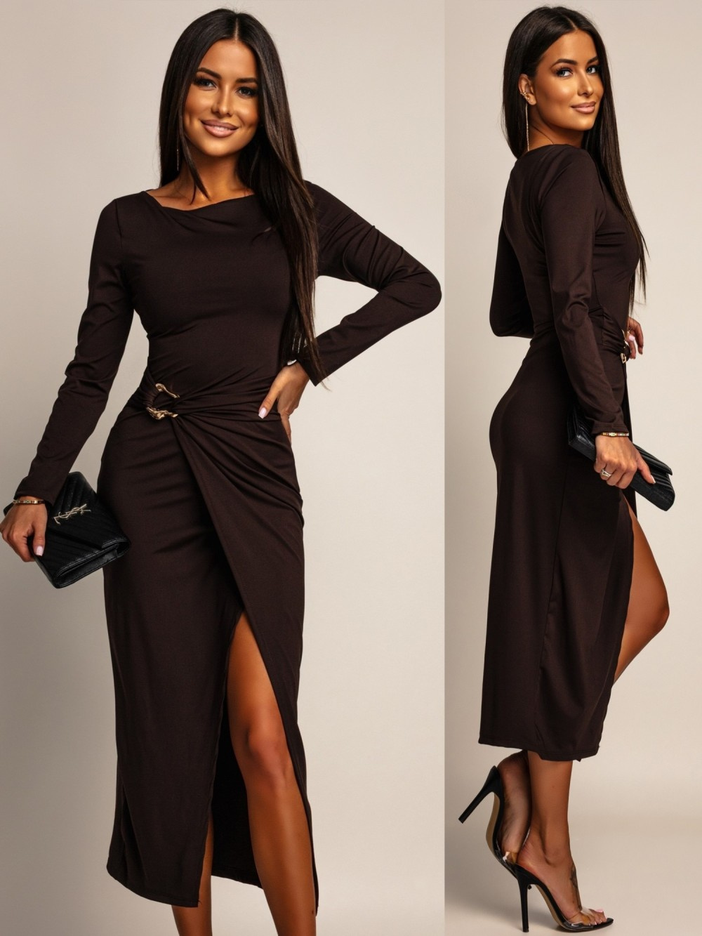 ELEGANCKA SUKIENKA MIDI ZE ZDOBIENIEM Ananya czekoladowa