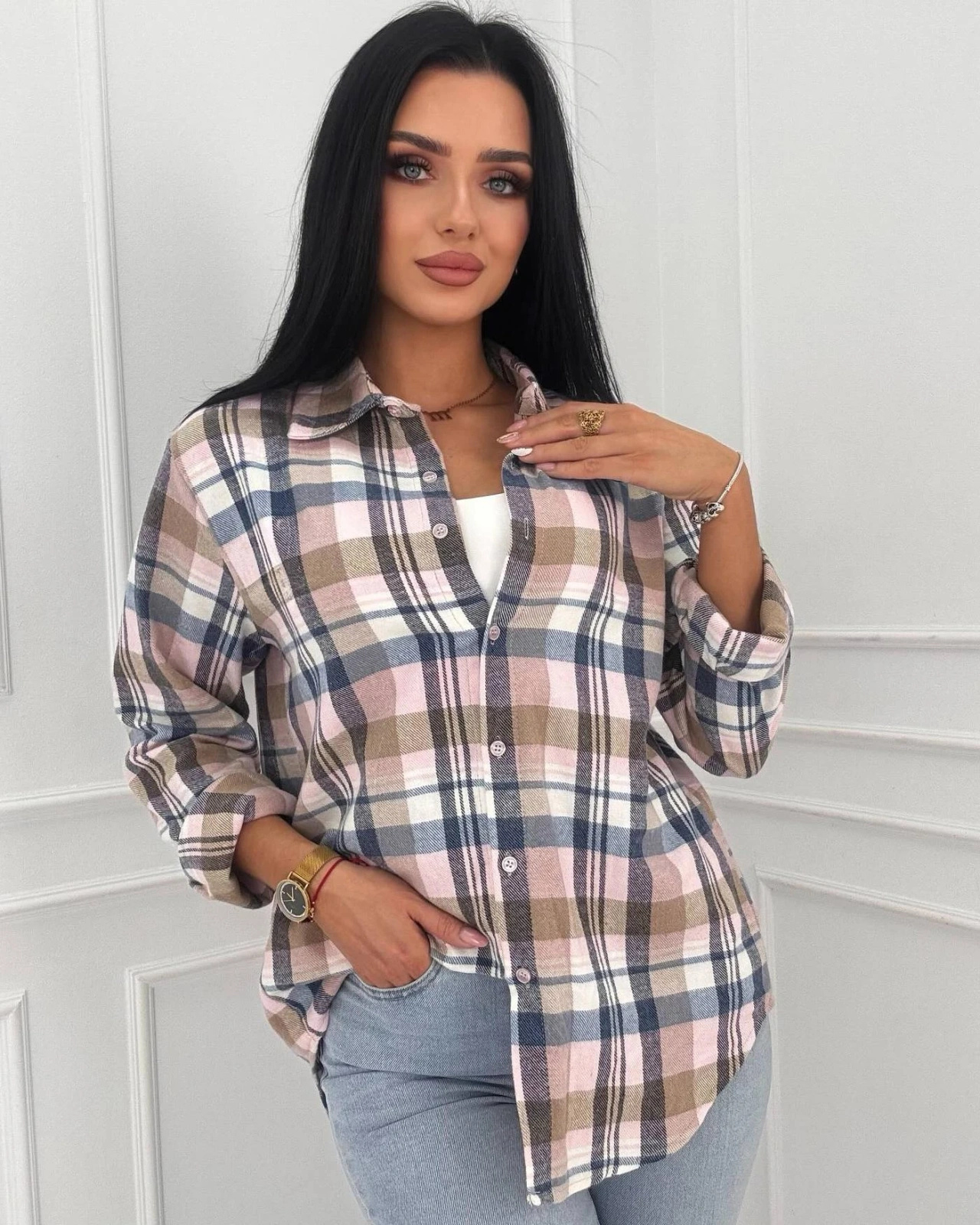 Koszula Flanelowa Damska w Kratę Oversize Luźna Casual Jesień Zima